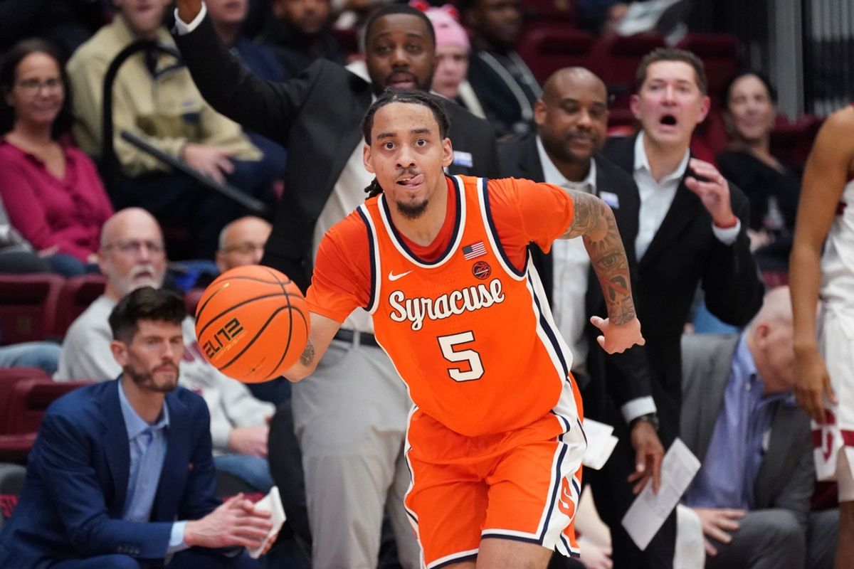 Jan 29, 2025; Stanford, California, USA;  Syracuse Orange guard Jaquan Carlos (5) dribbles upcourt against the Stanford Cardinal in the second half at Maples Pavilion. Mandatory Credit: David Gonzales-Imagn Images