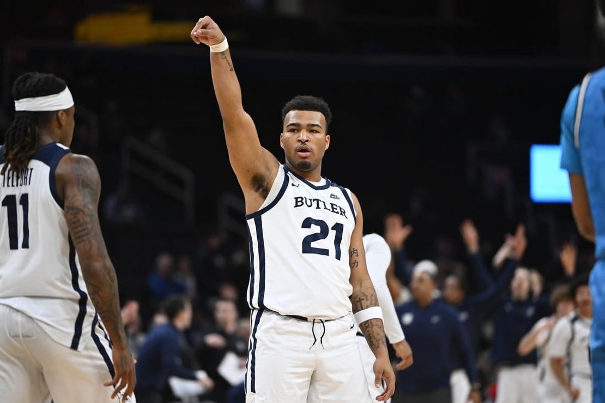 Jan 23, 2024; Washington, District of Columbia, USA; Butler Bulldogs guard Pierre Brooks (21) reacts after a three point basket against the Butler Bulldogs during the first half at Capital One Arena.