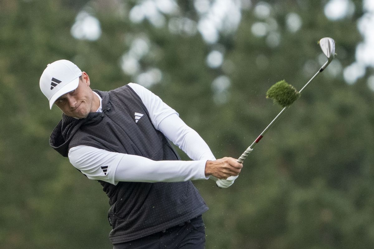 January 30, 2025; Pebble Beach, California, USA; Ludvig Aberg hits his second shot on the 10th hole during the first round of the AT&T Pebble Beach Pro-Am golf tournament at Spyglass Hill Golf Course. Mandatory Credit: Kyle Terada-Imagn Images