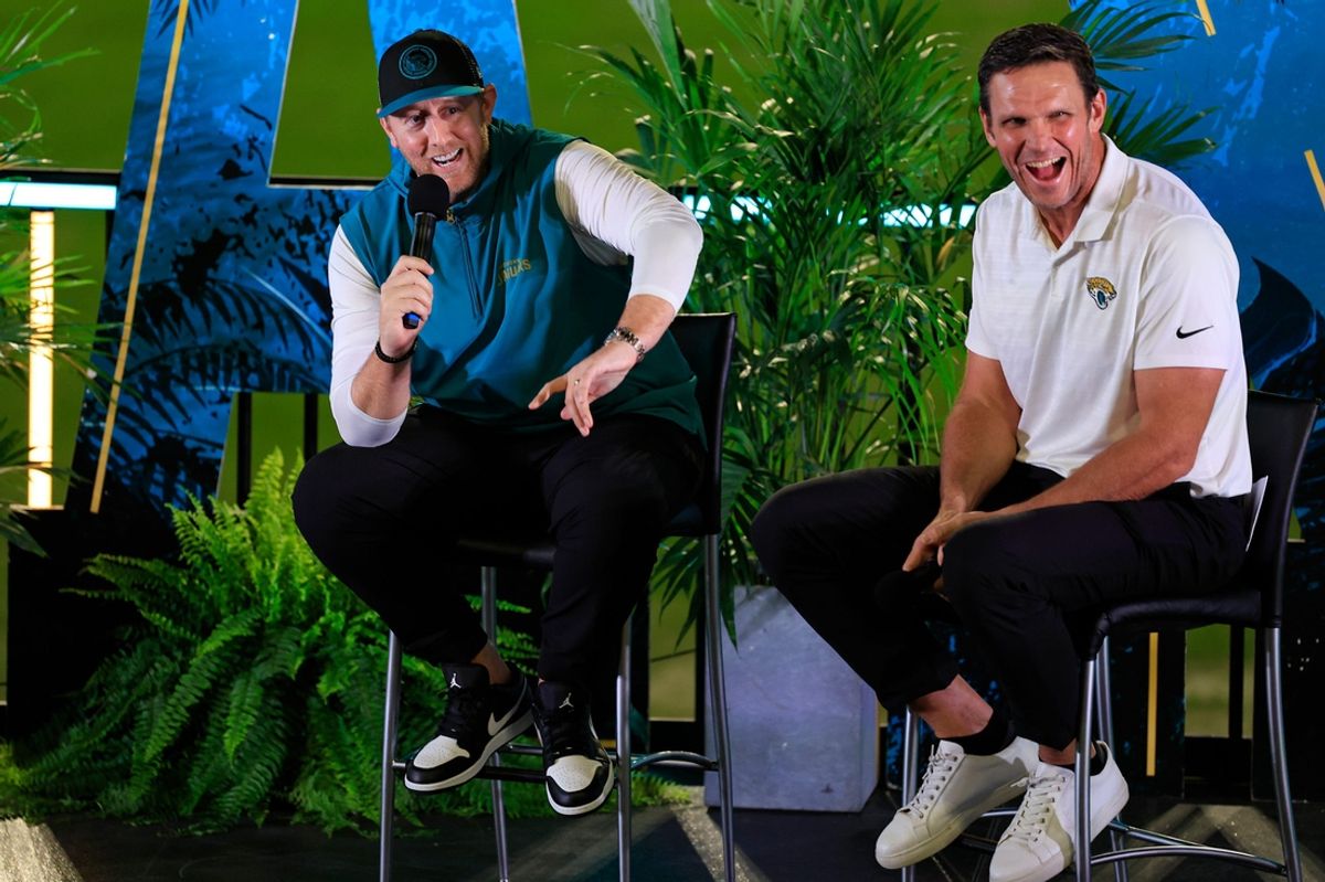 Jacksonville Jaguars head coach Liam Coen, left, speaks next to Jacksonville Jaguars Hall of Famer Tony Boselli Thursday, Jan. 30, 2025 at EverBank Stadium in Jacksonville, Fla. Jaguars fans got a chance to see the new head coach speak and give a warm welcome at the stadium.