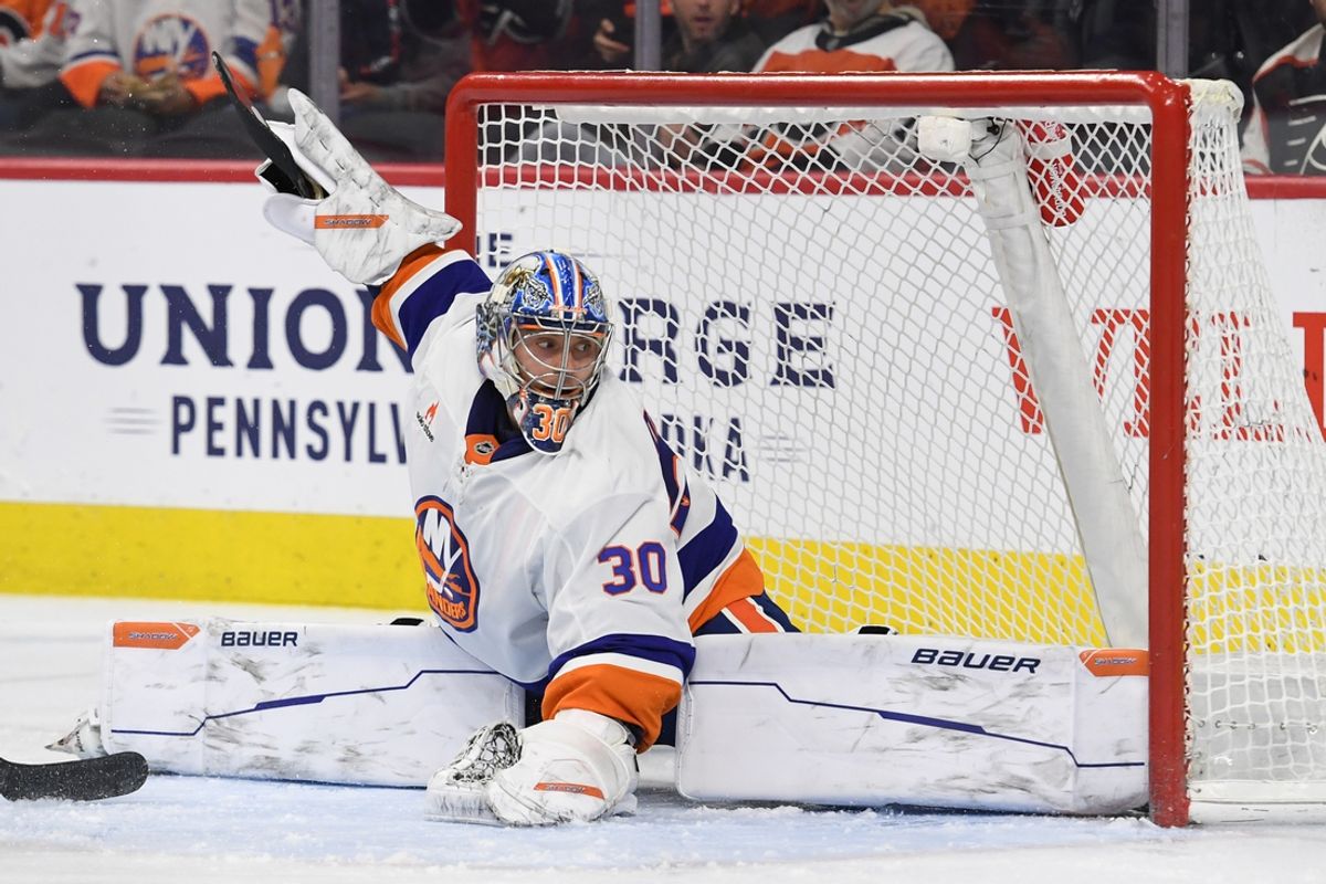 Jan 30, 2025; Philadelphia, Pennsylvania, USA; New York Islanders goaltender Ilya Sorokin (30) against the Philadelphia Flyers during the second period at Wells Fargo Center. Mandatory Credit: Eric Hartline-Imagn Images