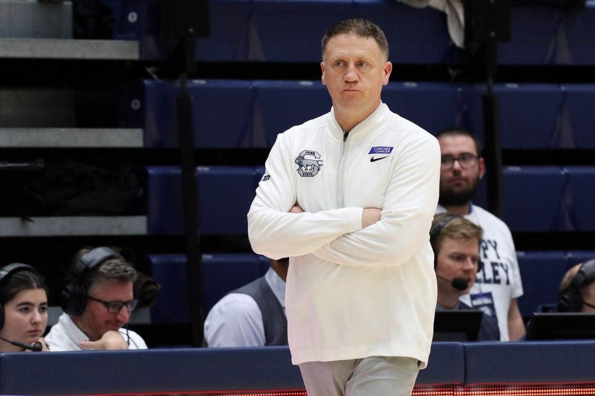 Jan 30, 2025; University Park, Pennsylvania, USA; Penn State Nittany Lions head coach Mike Rhoades looks on from the bench during the second half against the Ohio State Buckeyes at Rec Hall. Ohio State defeated Penn State 83-64. Mandatory Credit: Matthew O'Haren-Imagn Images