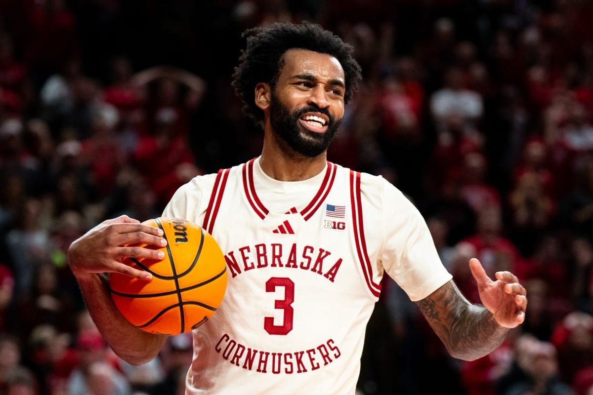 Jan 30, 2025; Lincoln, Nebraska, USA; Nebraska Cornhuskers guard Brice Williams (3) reacts after a foul during the second half against the Illinois Fighting Illini at Pinnacle Bank Arena. Mandatory Credit: Dylan Widger-Imagn Images