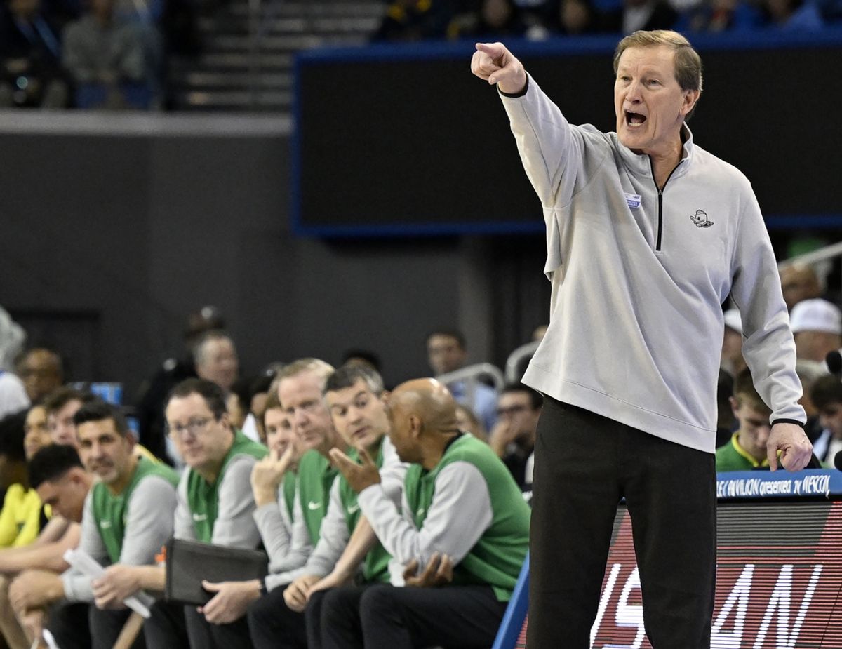 Jan 30, 2025; Los Angeles, California, USA; Oregon Ducks head coach Dana Altman reacts during the first half against the UCLA Bruins at Pauley Pavilion presented by Wescom. Mandatory Credit: Alex Gallardo-Imagn Images