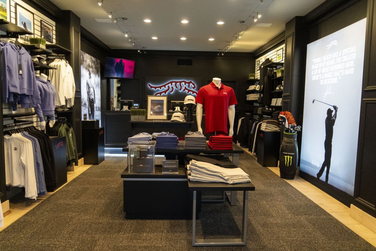 January 31, 2025; Pebble Beach, California, USA; General view of the Sun Day Red store for Tiger Woods (not pictured) during the second round of the AT&T Pebble Beach Pro-Am golf tournament at Pebble Beach Golf Links. Mandatory Credit: Kyle Terada-Imagn Images
