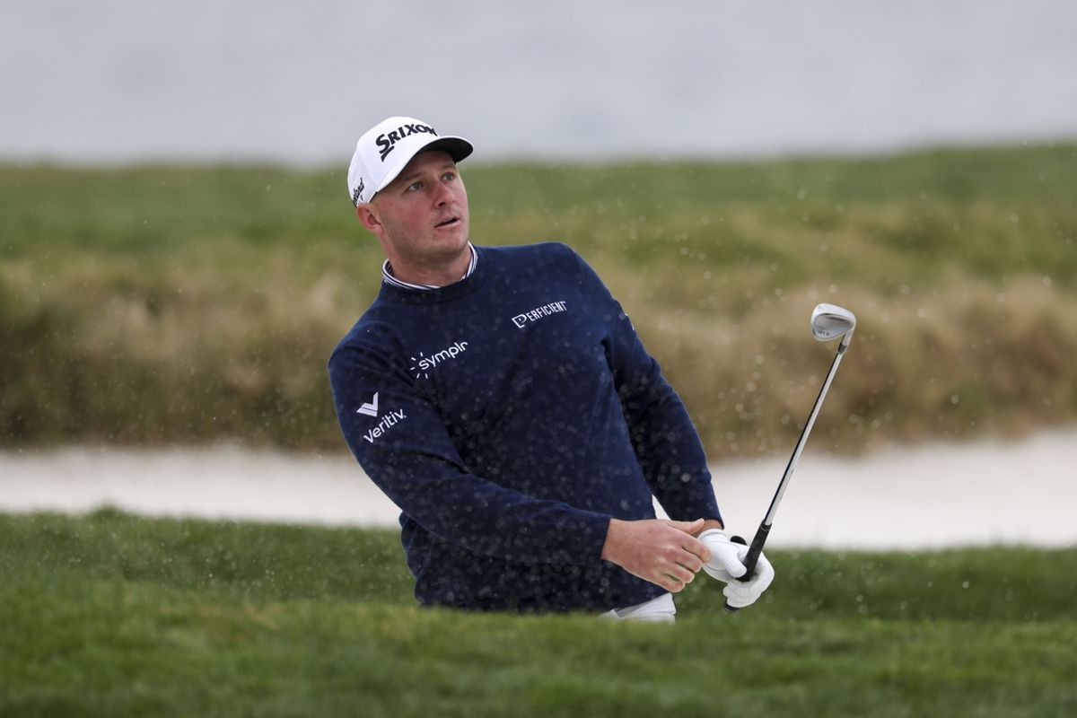 Jan 31, 2025; Pebble Beach, California, USA; Sepp Straka hits his bunker shot on the 16th hole during the second round of the AT&T Pebble Beach Pro-Am golf tournament at Pebble Beach Golf Links. Mandatory Credit: Kiyoshi Mio-Imagn Images