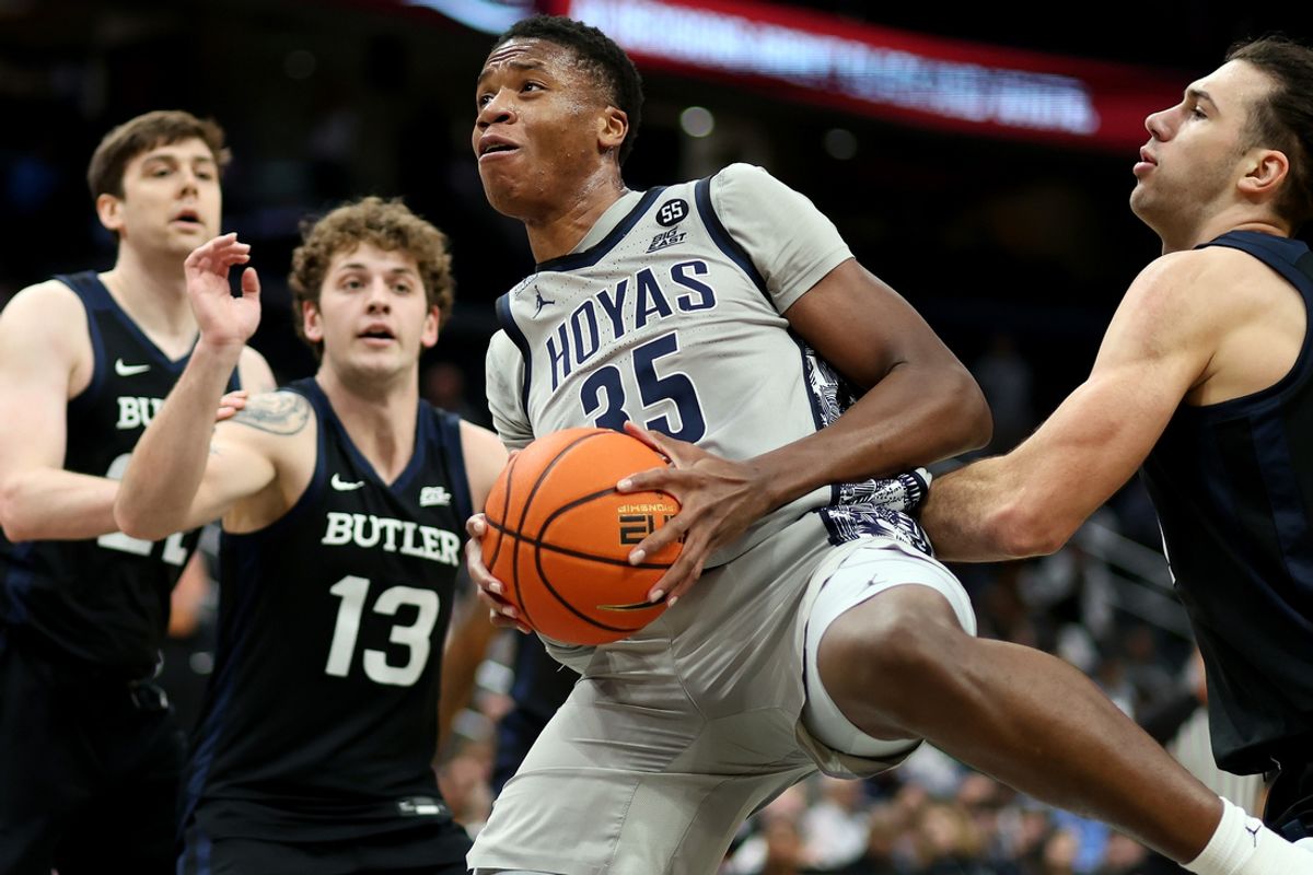 Jan 31, 2025; Washington, District of Columbia, USA; Georgetown Hoyas forward Thomas Sorber (35) grabs a rebound over Butler Bulldogs guard Finley Bizjack (13) during the first half at Capital One Arena. Mandatory Credit: Daniel Kucin Jr.-Imagn Images