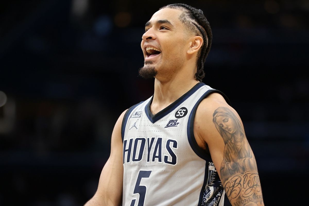 Jan 31, 2025; Washington, District of Columbia, USA; Georgetown Hoyas guard Micah Peavy (5) celebrates during the second half against the Butler Bulldogs at Capital One Arena. Mandatory Credit: Daniel Kucin Jr.-Imagn Images
