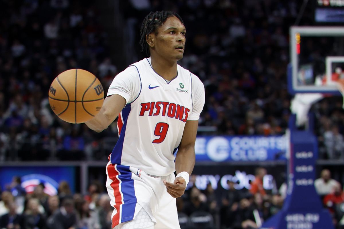 Jan 31, 2025; Detroit, Michigan, USA;  Detroit Pistons forward Ausar Thompson (9) passes in the second half against the Dallas Mavericks at Little Caesars Arena. Mandatory Credit: Rick Osentoski-Imagn Images