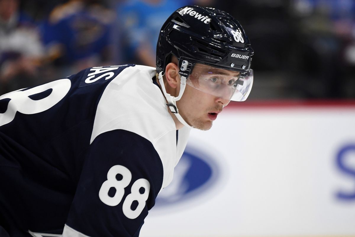 Jan 31, 2025; Denver, Colorado, USA; Colorado Avalanche center Martin Necas (88) waits for a face off during the first period against the St. Louis Blues at Ball Arena. Mandatory Credit: Christopher Hanewinckel-Imagn Images