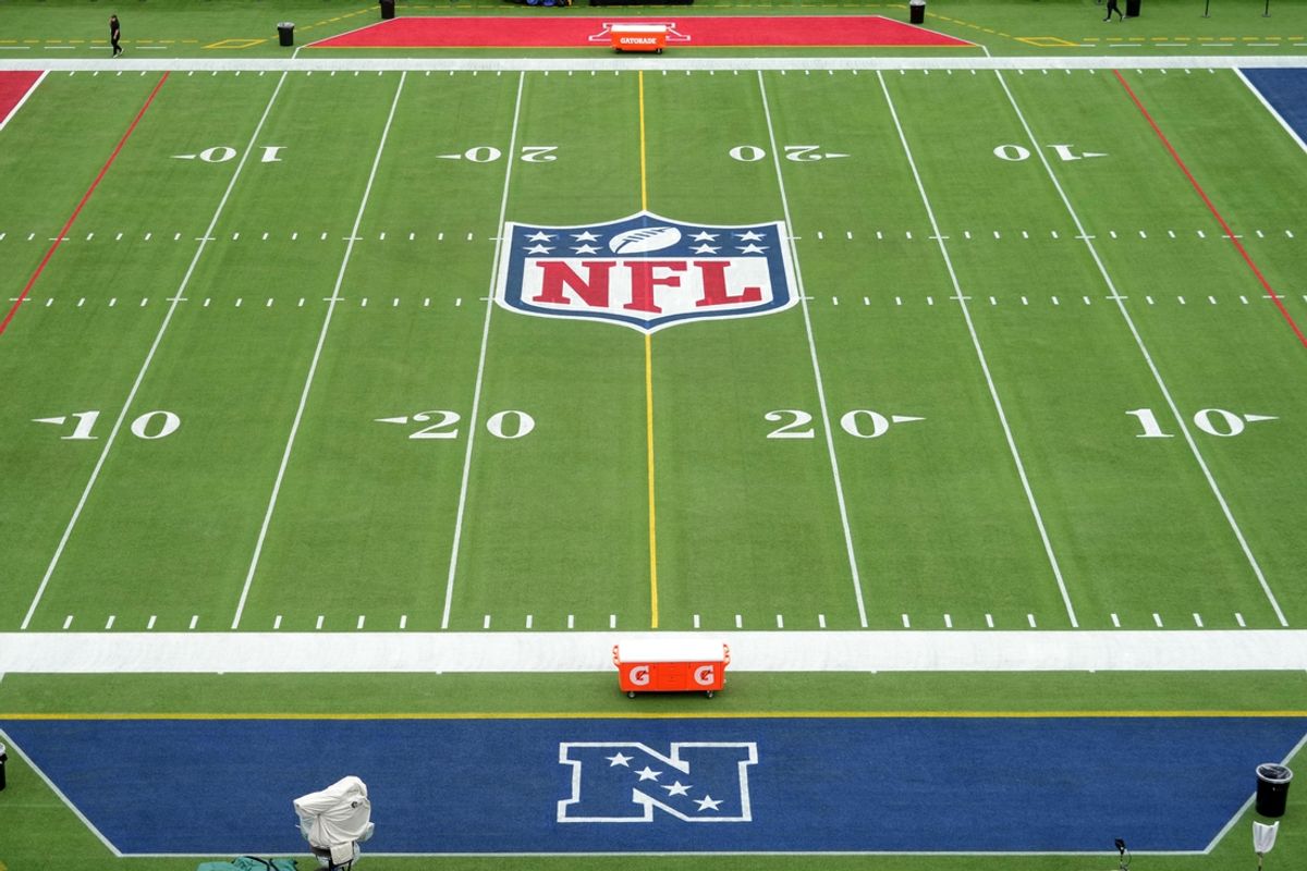 Feb 1, 2025; Orlando, FL, USA; A general overall view of the NFL shield and AFC and NFC logos on the Camping World Stadium flag football field. Mandatory Credit: Kirby Lee-Imagn Images