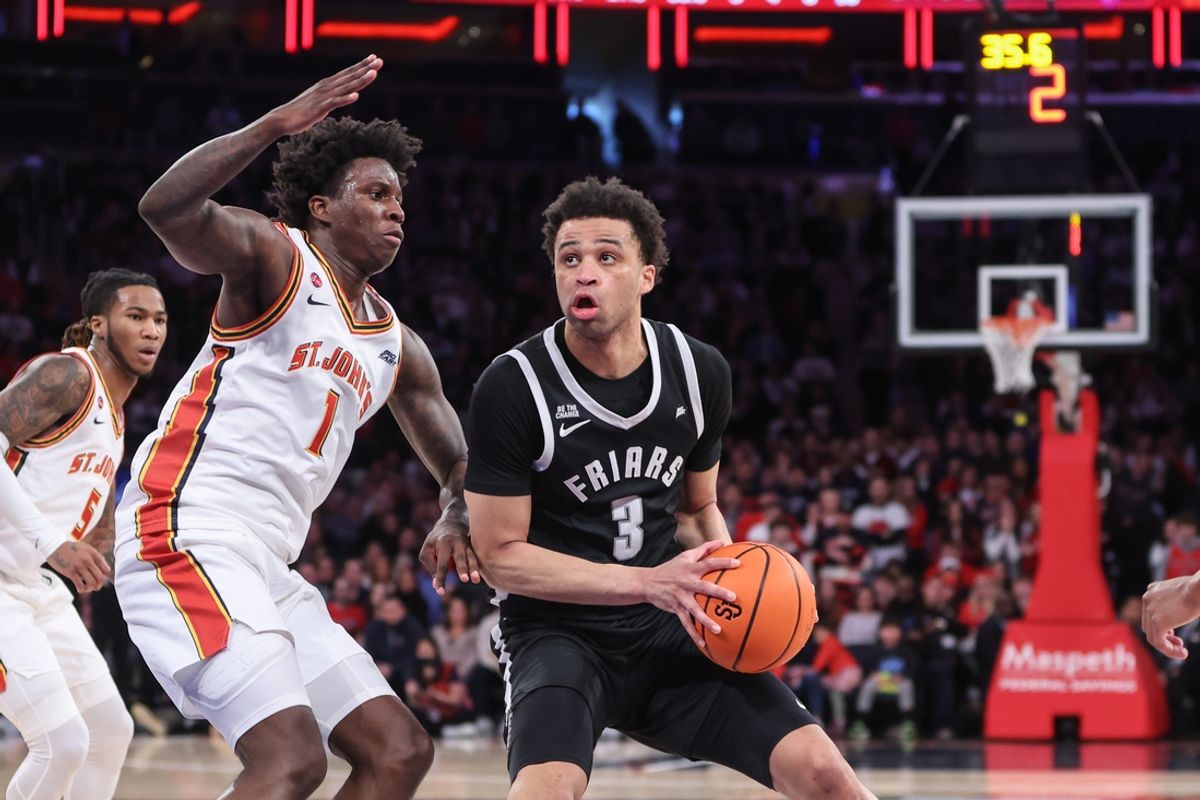 Feb 1, 2025; New York, New York, USA;  Providence Friars guard Jabri Abdur-Rahim (3) looks to drive past St. John's Red Storm guard Kadary Richmond (1) in the first half at Madison Square Garden. Mandatory Credit: Wendell Cruz-Imagn Images
