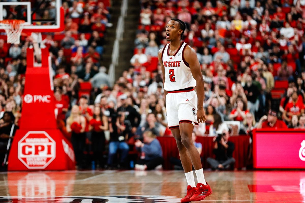 Feb 1, 2025; Raleigh, North Carolina, USA; North Carolina State Wolfpack guard Paul McNeil (2) reacts during the first half of the game against the Clemson Tigers at Lenovo Center. Mandatory Credit: Jaylynn Nash-Imagn Images