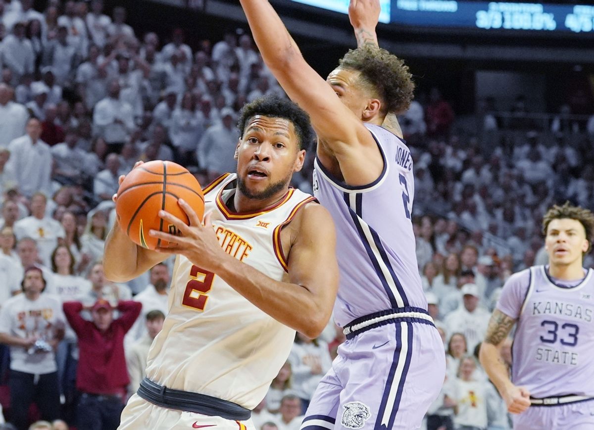 Iowa State Cyclones forward Joshua Jefferson (2) drives to the basket around Kansas State Wildcats' guard Max Jones (2) during the first half in the Big-12 men’s basketball showdown at Hilton Coliseum on Feb 1, 2025 in Ames, Iowa.