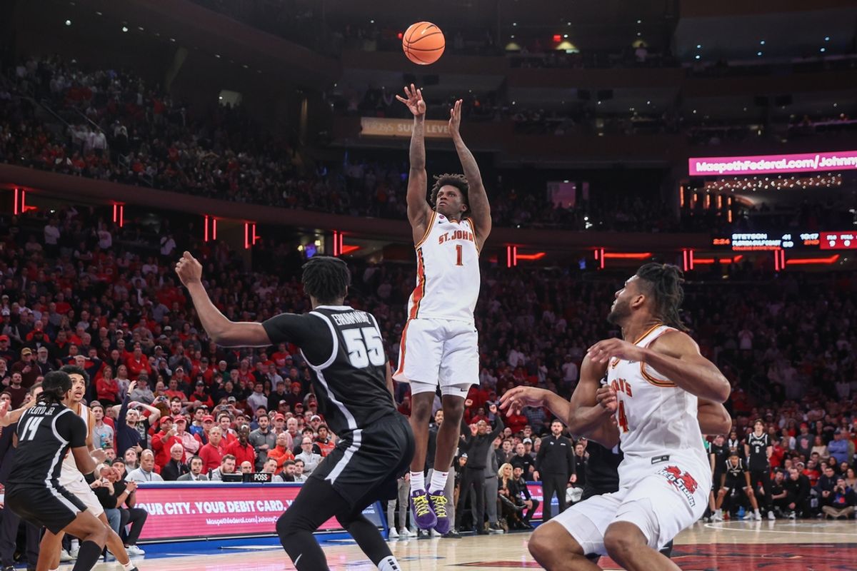 Feb 1, 2025; New York, New York, USA;  St. John's Red Storm guard Kadary Richmond (1) takes a jump shot to win the game against the Providence Friars 68-66 at Madison Square Garden. Mandatory Credit: Wendell Cruz-Imagn Images