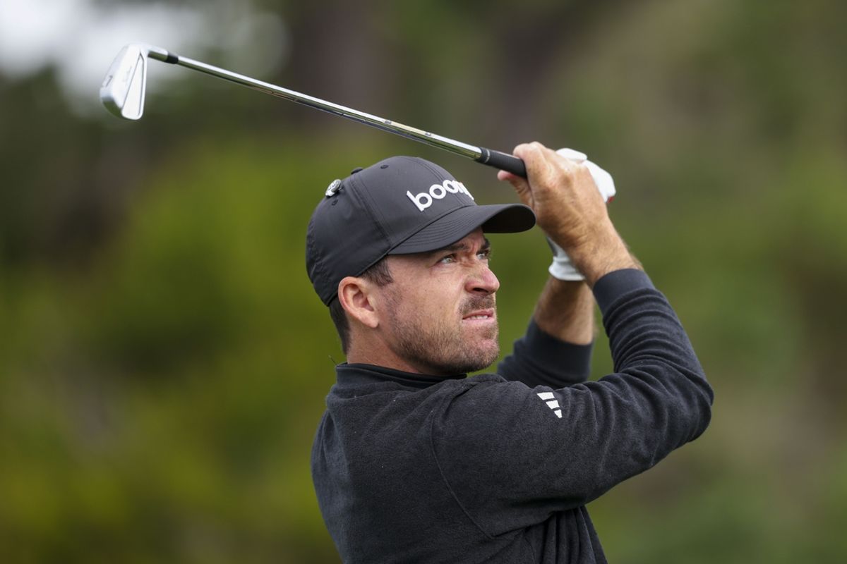 Feb 1, 2025; Pebble Beach, California, USA; Nick Taylor hits his tee shot on the fifth hole during the third round of the AT&T Pebble Beach Pro-Am golf tournament at Pebble Beach Golf Links. Mandatory Credit: Kiyoshi Mio-Imagn Images