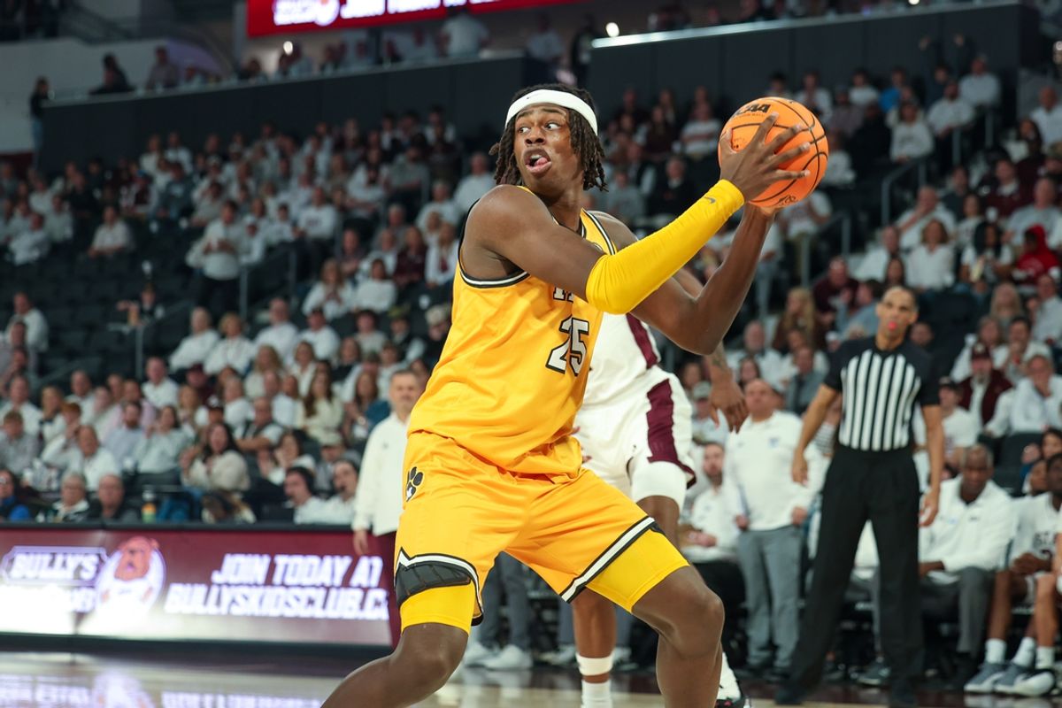 Feb 1, 2025; Starkville, Mississippi, USA; Missouri Tigers forward Mark Mitchell (25) looks to pass the ball against the Mississippi State Bulldogs during the first half at Humphrey Coliseum. Mandatory Credit: Wesley Hale-Imagn Images