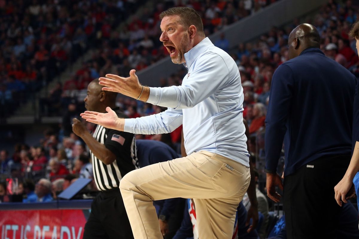 Feb 1, 2025; Oxford, Mississippi, USA; Mississippi Rebels head coach Chris Beard reacts during the first half against the Auburn Tigers at The Sandy and John Black Pavilion at Ole Miss. Mandatory Credit: Petre Thomas-Imagn Images