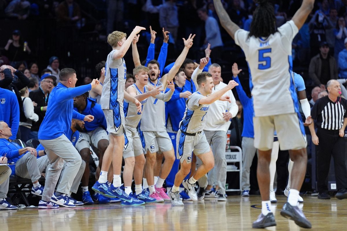 Feb 1, 2025; Philadelphia, Pennsylvania, USA; Creighton Bluejays guard Steven Ashworth (1) reacts with teammates after scoring the game-winning shot against the Villanova Wildcats in the second half at Wells Fargo Center. Mandatory Credit: Kyle Ross-Imagn Images