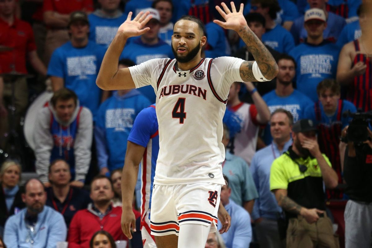 Feb 1, 2025; Oxford, Mississippi, USA; Auburn Tigers forward/center Johni Broome (4) reacts during the second half against the Mississippi Rebels at The Sandy and John Black Pavilion at Ole Miss. Mandatory Credit: Petre Thomas-Imagn Images
