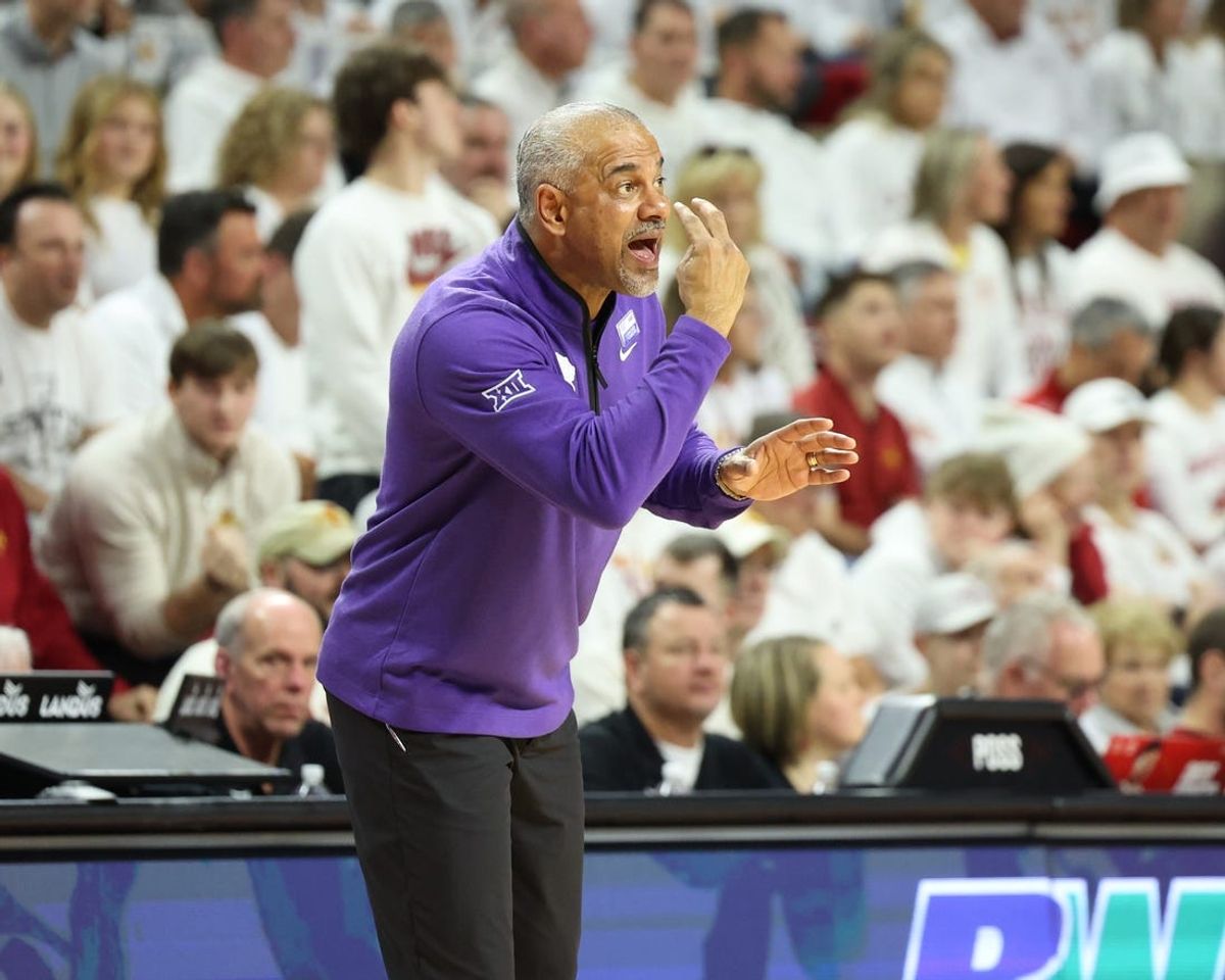 Feb 1, 2025; Ames, Iowa, USA;  Kansas State Wildcats head coach Jerome Tang reacts against the Iowa State Cyclones during the first half at James H. Hilton Coliseum. Mandatory Credit: Reese Strickland-Imagn Images