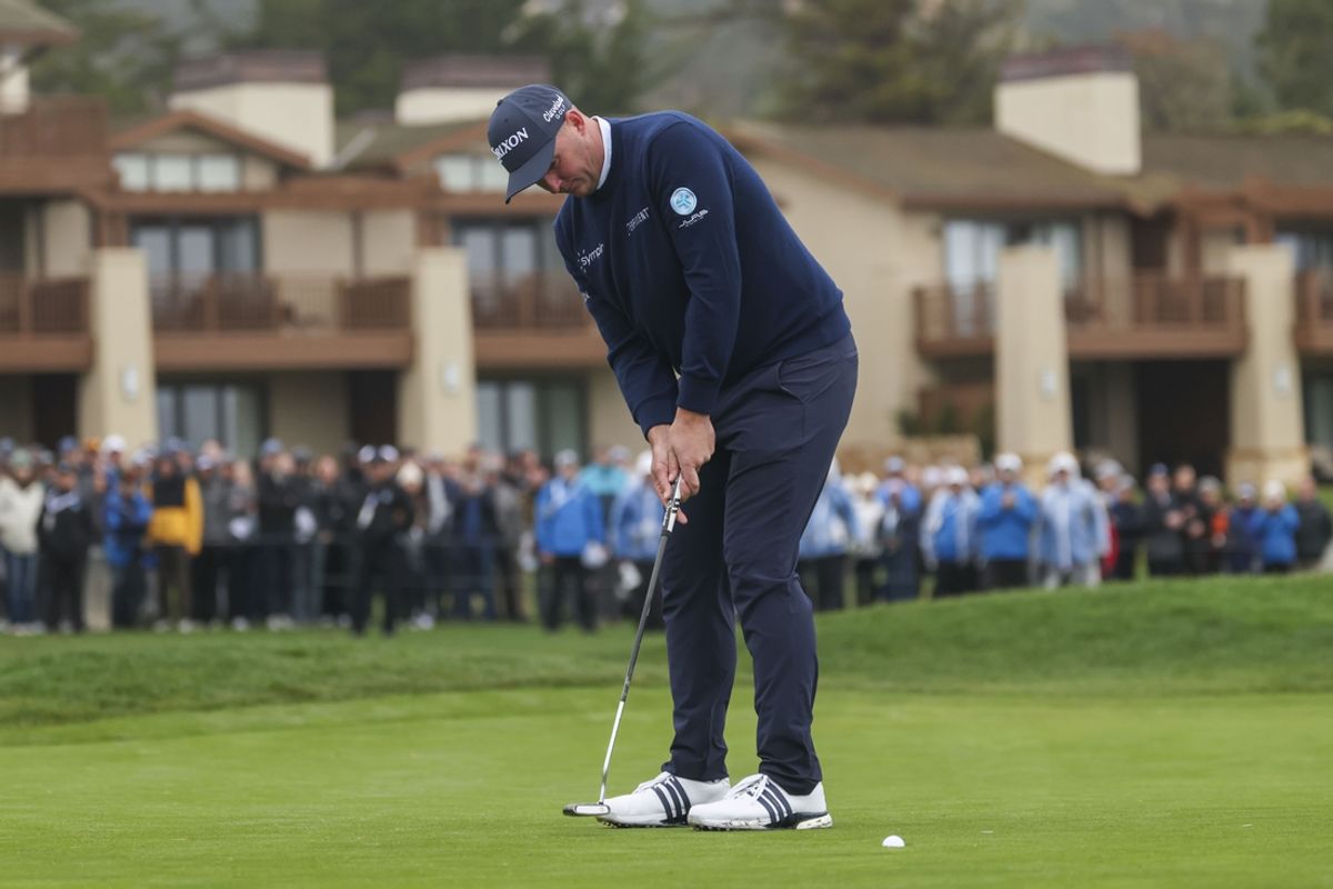 Feb 1, 2025; Pebble Beach, California, USA; Sepp Straka putts on the 18th hole during the third round of the AT&T Pebble Beach Pro-Am golf tournament at Pebble Beach Golf Links. Mandatory Credit: Kiyoshi Mio-Imagn Images