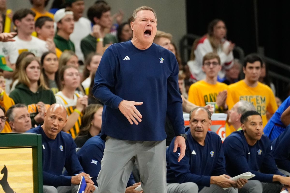 Feb 1, 2025; Waco, Texas, USA; Kansas Jayhawks head coach Bill Self reacts to a call against the Baylor Bears during the second half at Paul and Alejandra Foster Pavilion. Mandatory Credit: Chris Jones-Imagn Images