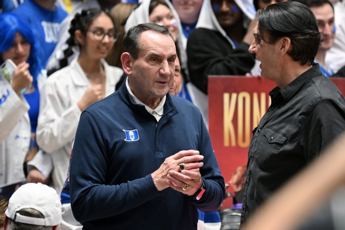 Feb 1, 2025; Durham, North Carolina, USA;  Duke Blue Devils former head coach coach Mike Krzyzewski before a game against the North Carolina Tar Heels at Cameron Indoor Stadium. Mandatory Credit: Zachary Taft-Imagn Images