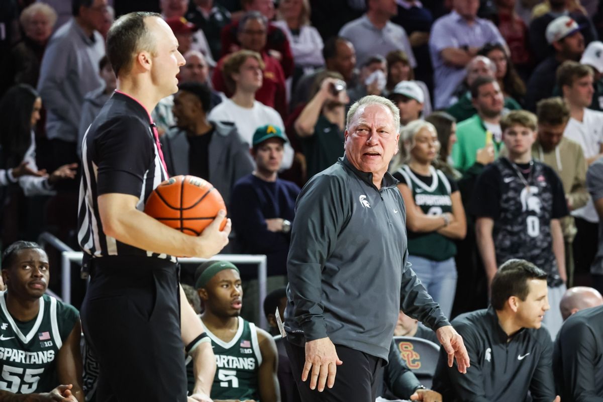 Feb 1, 2025; Los Angeles, California, USA;  Michigan State Spartans head coach Tom Izzo reacts during the second half against the USC Trojans at Galen Center. Mandatory Credit: William Navarro-Imagn Images