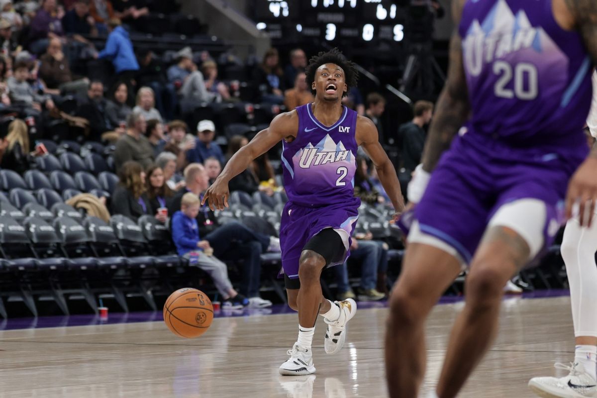 Feb 1, 2025; Salt Lake City, Utah, USA; Utah Jazz guard Collin Sexton (2) calls out for forward John Collins (20) during the second half against the Orlando Magic at Delta Center. Mandatory Credit: Chris Nicoll-Imagn Images