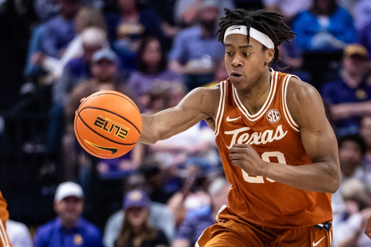 Feb 1, 2025; Baton Rouge, Louisiana, USA;  Texas Longhorns guard Tre Johnson (20) against the LSU Tigers during the second half at Pete Maravich Assembly Center. Mandatory Credit: Stephen Lew-Imagn Images