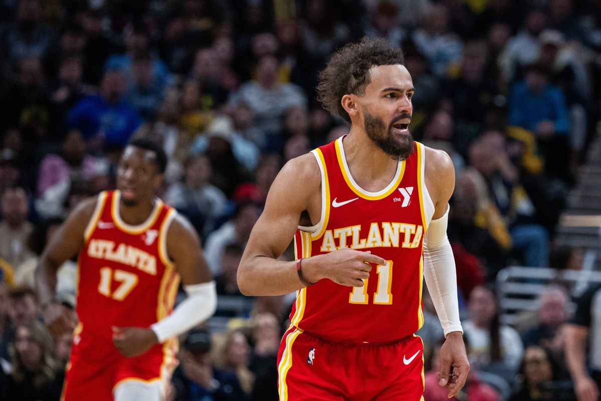Feb 1, 2025; Indianapolis, Indiana, USA; Atlanta Hawks guard Trae Young (11) celebrates after a basket against the Indiana Pacers in the second half at Gainbridge Fieldhouse. Mandatory Credit: Trevor Ruszkowski-Imagn Images