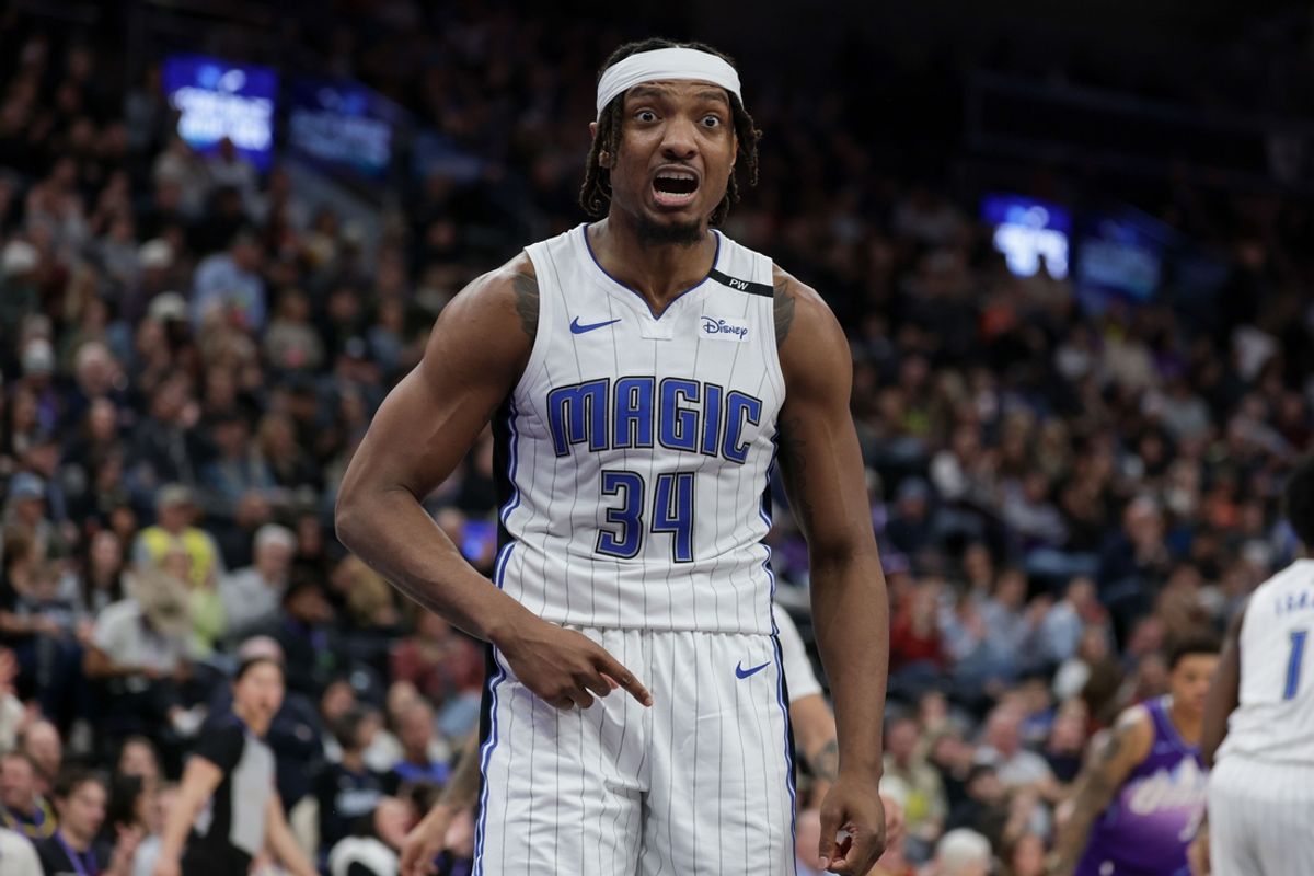 Feb 1, 2025; Salt Lake City, Utah, USA;  Orlando Magic center Wendell Carter Jr. (34) reacts after being called for a foul against the Utah Jazz during the second half at Delta Center. Mandatory Credit: Chris Nicoll-Imagn Images