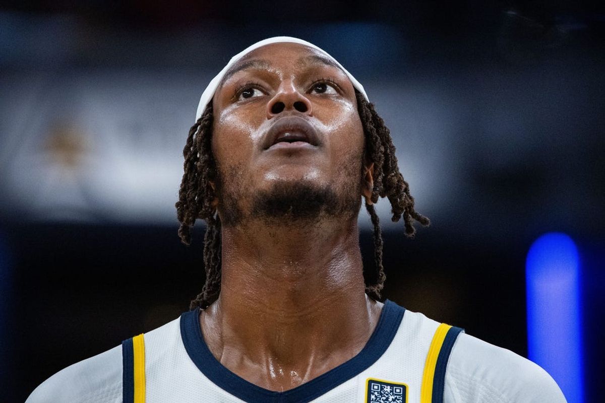 Feb 1, 2025; Indianapolis, Indiana, USA; Indiana Pacers center Myles Turner (33) reacts in the second half against the Atlanta Hawks at Gainbridge Fieldhouse. Mandatory Credit: Trevor Ruszkowski-Imagn Images