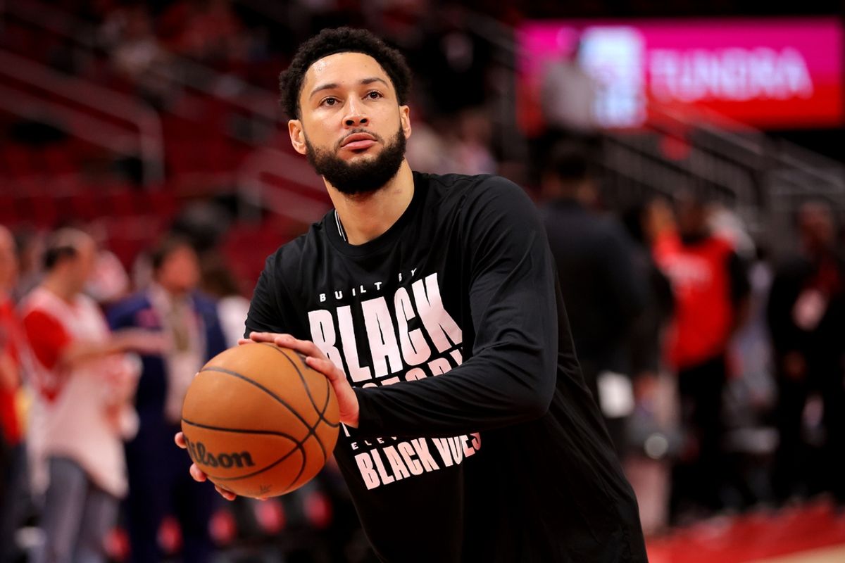 Feb 1, 2025; Houston, Texas, USA; Brooklyn Nets guard Ben Simmons (10) warms up prior to the game against the Houston Rockets at Toyota Center. Mandatory Credit: Erik Williams-Imagn Images