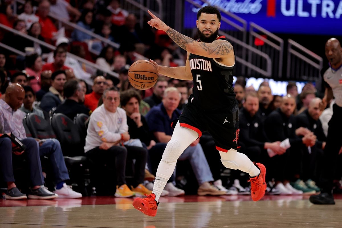 Feb 1, 2025; Houston, Texas, USA; Houston Rockets guard Fred VanVleet (5) handles the ball against the Brooklyn Nets during the first quarter at Toyota Center. Mandatory Credit: Erik Williams-Imagn Images