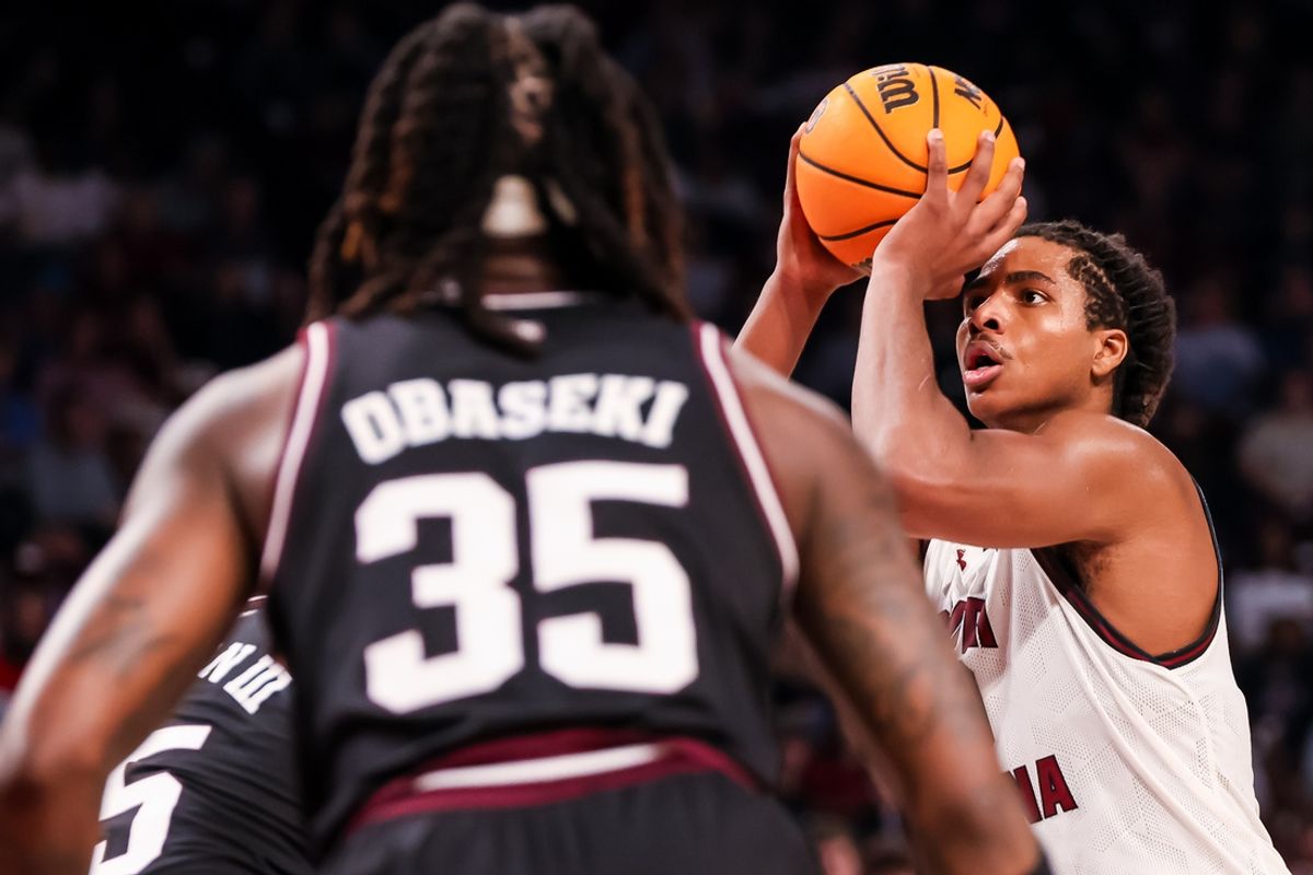 Feb 1, 2025; Columbia, South Carolina, USA; South Carolina Gamecocks forward Collin Murray-Boyles (30) shoots against the Texas A&M Aggies in the first half at Colonial Life Arena. Mandatory Credit: Jeff Blake-Imagn Images