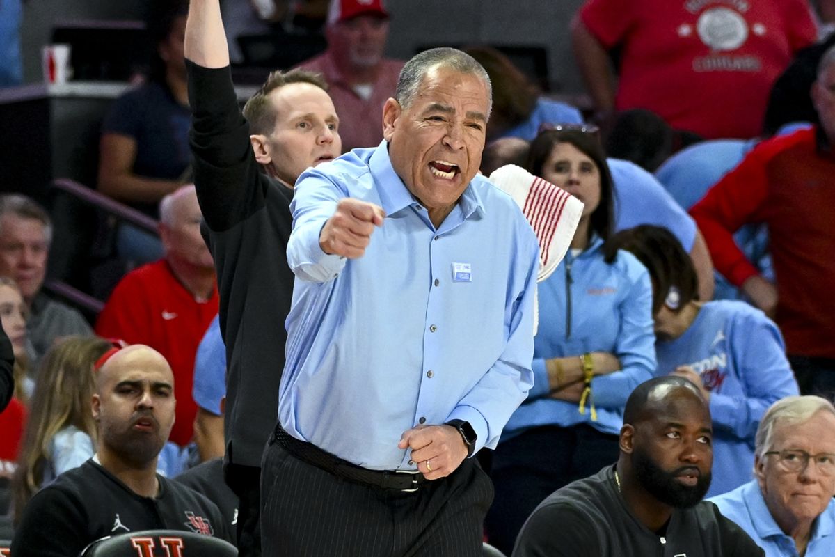 Feb 1, 2025; Houston, Texas, USA; Houston Cougars head coach Kelvin Sampson reacts during the first half against the Texas Tech Red Raiders at Fertitta Center. Mandatory Credit: Maria Lysaker-Imagn Images