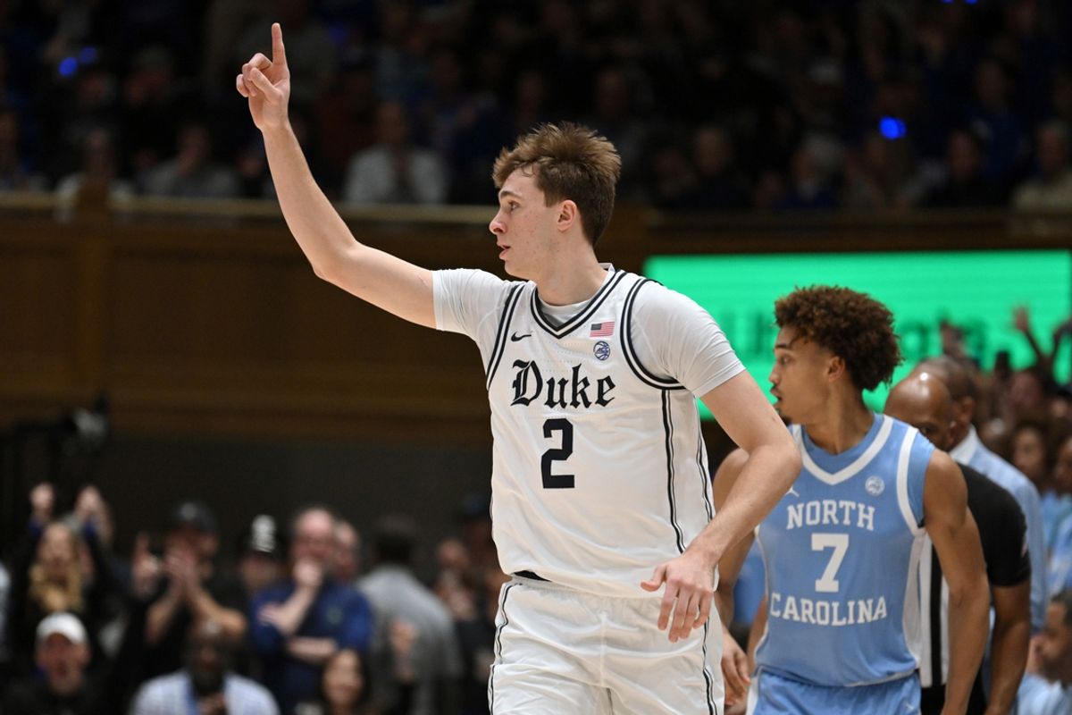 Feb 1, 2025; Durham, North Carolina, USA;  Duke Blue Devils forward Cooper Flagg (2) reacts during the first half against the North Carolina Tar Heels at Cameron Indoor Stadium. Mandatory Credit: Zachary Taft-Imagn Images