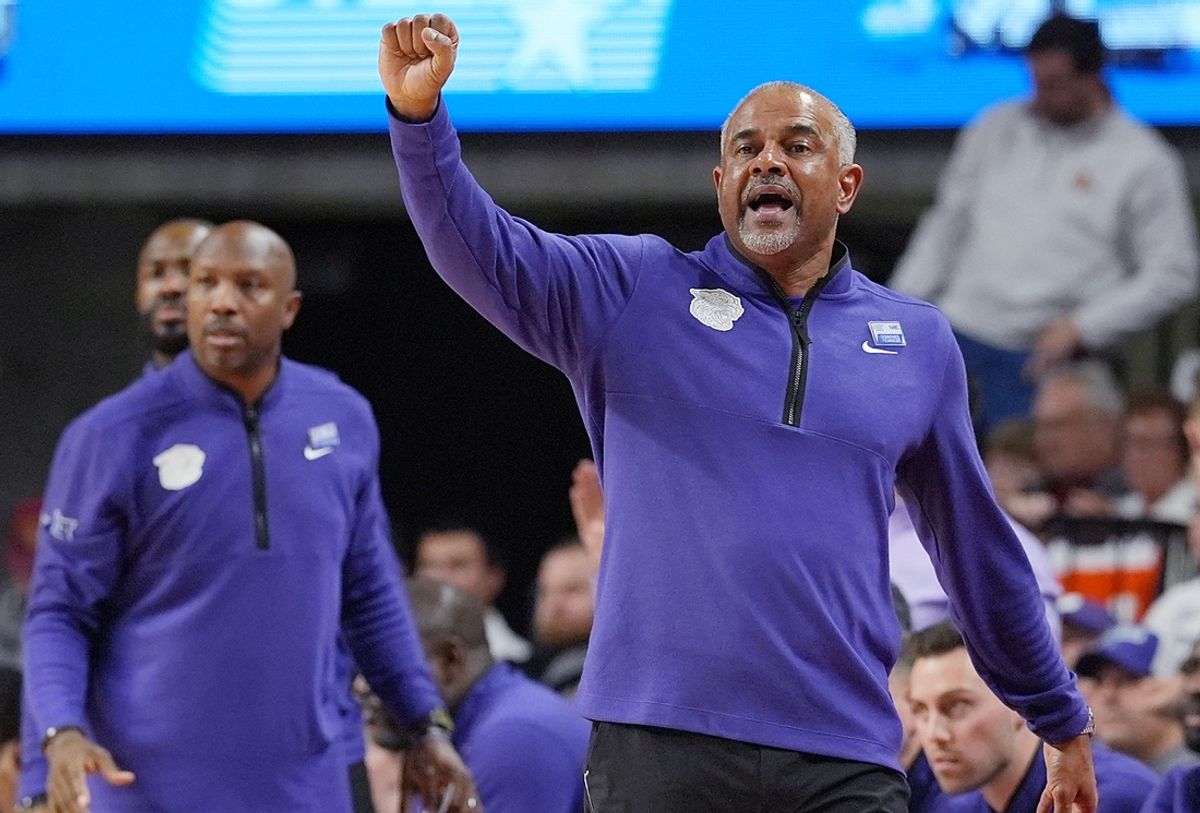 Kansas State Wildcats head coach Jerome Tang reacts from the bench during the second half against Iowa State in the Big-12 men’s basketball showdown at Hilton Coliseum on Feb 1, 2025 in Ames, Iowa.