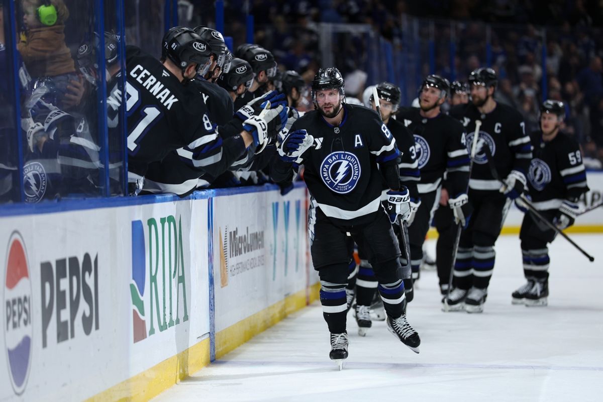 Feb 1, 2025; Tampa, Florida, USA; Tampa Bay Lightning right wing Nikita Kucherov (86) celebrates after scoring a goal against the New York Islanders in the third period  at Amalie Arena. Mandatory Credit: Nathan Ray Seebeck-Imagn Images