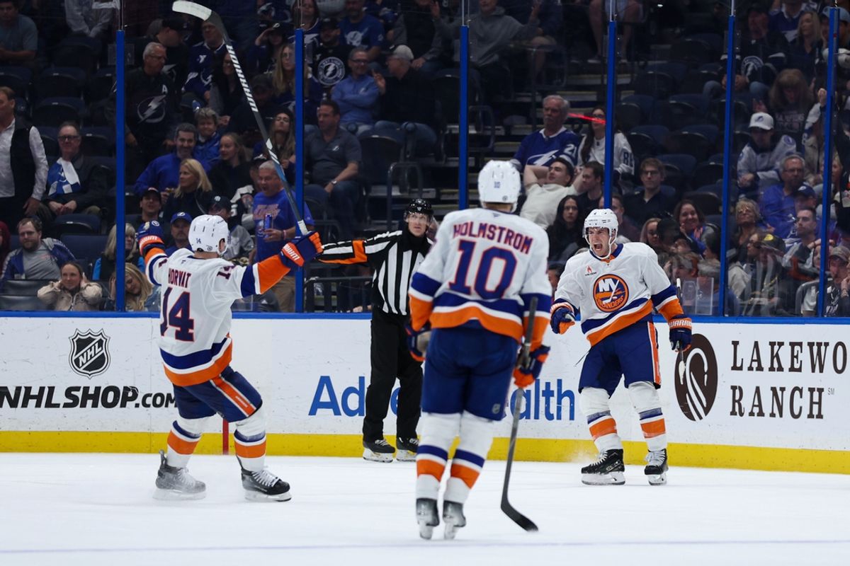Feb 1, 2025; Tampa, Florida, USA; New York Islanders defenseman Tony DeAngelo (4) celebrates after scoring a goal against the Tampa Bay Lightning in overtime at Amalie Arena. Mandatory Credit: Nathan Ray Seebeck-Imagn Images