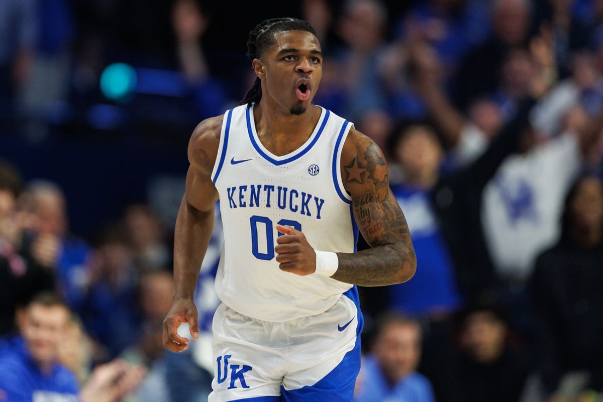 Feb 1, 2025; Lexington, Kentucky, USA; Kentucky Wildcats guard Otega Oweh (00) runs down the court after making a basket during the first half against the Arkansas Razorbacks at Rupp Arena at Central Bank Center. Mandatory Credit: Jordan Prather-Imagn Images