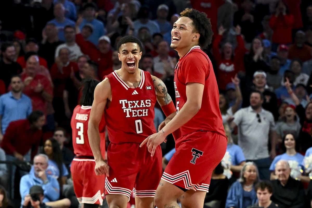 Feb 1, 2025; Houston, Texas, USA; Texas Tech Red Raiders guard Chance McMillian (0) and forward Darrion Williams (5) react during the first half against the Houston Cougars at Fertitta Center. Mandatory Credit: Maria Lysaker-Imagn Images