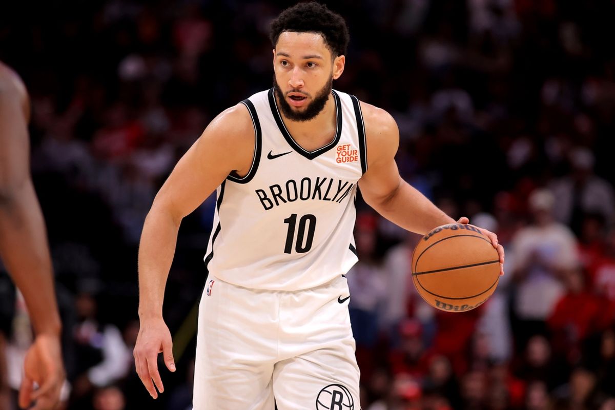 Feb 1, 2025; Houston, Texas, USA; Brooklyn Nets guard Ben Simmons (10) handles the ball against the Houston Rockets during the third quarter at Toyota Center. Mandatory Credit: Erik Williams-Imagn Images