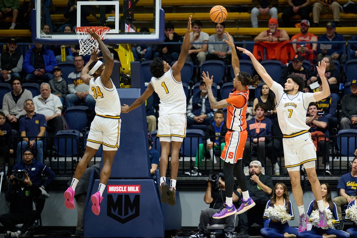 Feb 1, 2025; Berkeley, California, USA; Syracuse Orange guard Lucas Taylor (3) shoots the ball against California Golden Bears forward Lee Dort (34), forward Joshua Ola-Joseph (1) and forward Spencer Mahoney (7) during the first half at Haas Pavilion. Mandatory Credit: Robert Edwards-Imagn Images
