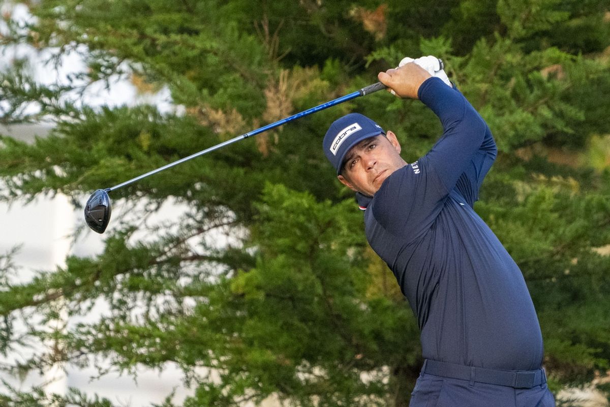 February 2, 2025; Pebble Beach, California, USA; Gary Woodland hits his tee shot on the second hole during the final round of the AT&T Pebble Beach Pro-Am golf tournament at Pebble Beach Golf Links. Mandatory Credit: Kyle Terada-Imagn Images