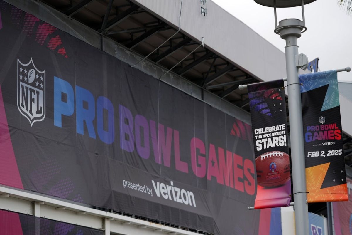 Feb 2, 2025; Orlando, FL, USA; The 2025 Pro Bowl Games logo on the Camping World Stadium facade. Mandatory Credit: Kirby Lee-Imagn Images