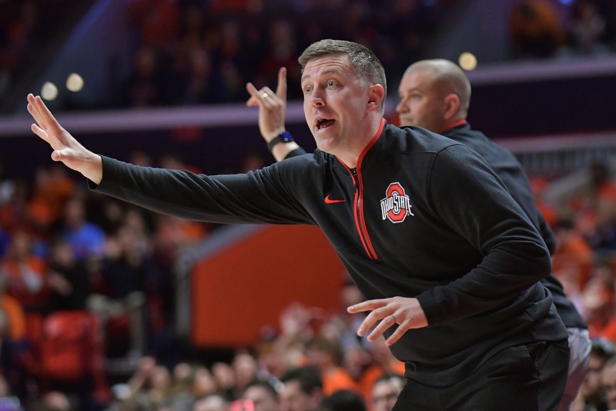 Feb 2, 2025; Champaign, Illinois, USA; Ohio State Buckeyes head coach Jake Diebler reacts during the first half against the Illinois Fighting Illini at State Farm Center. Mandatory Credit: Ron Johnson-Imagn Images