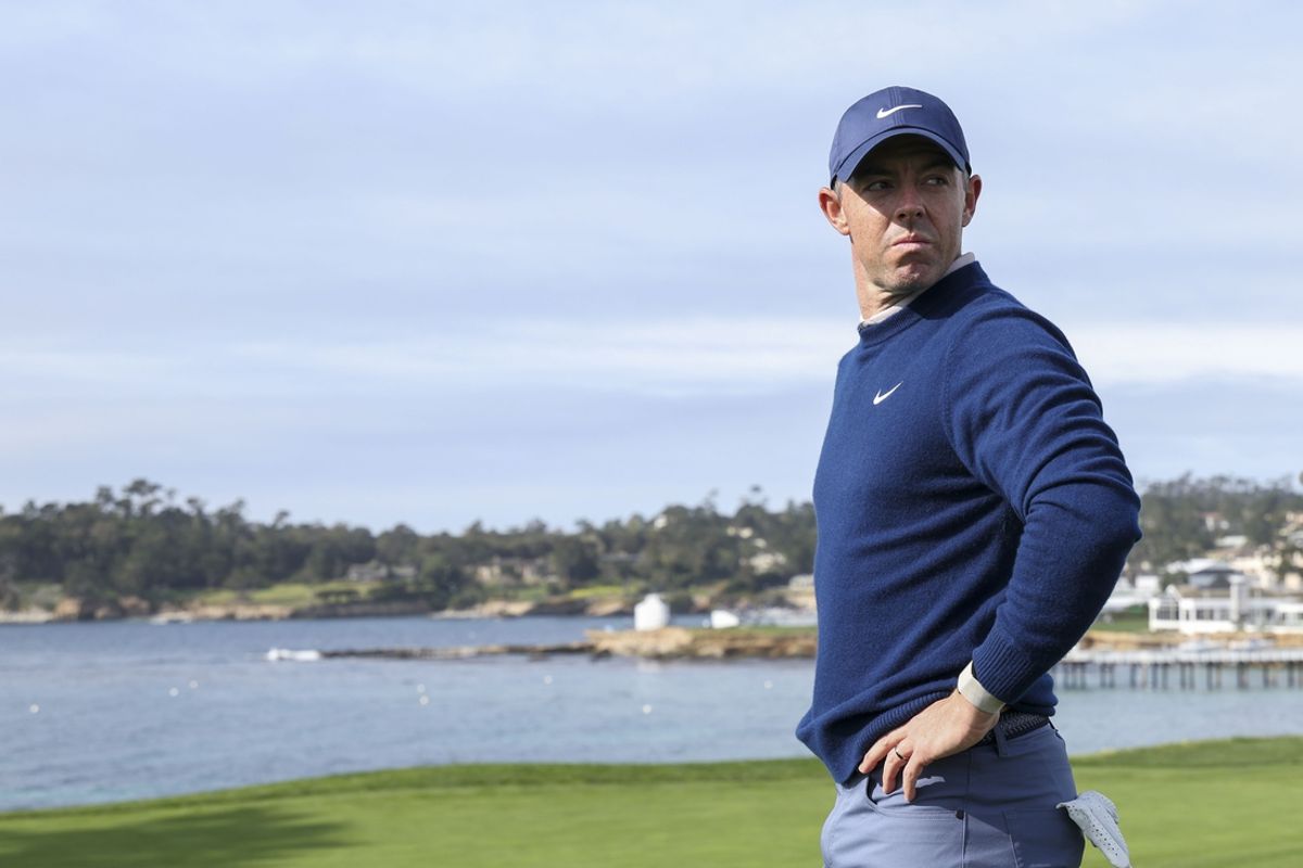 Feb 2, 2025; Pebble Beach, California, USA; Rory McIlroy on the fifth hole during the final round of the AT&T Pebble Beach Pro-Am golf tournament at Pebble Beach Golf Links. Mandatory Credit: Kiyoshi Mio-Imagn Images
